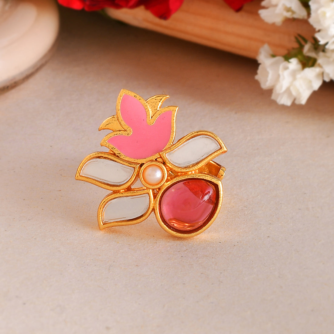 Women's Forever More Floral Enamelled Pink Stone Ring - Voylla