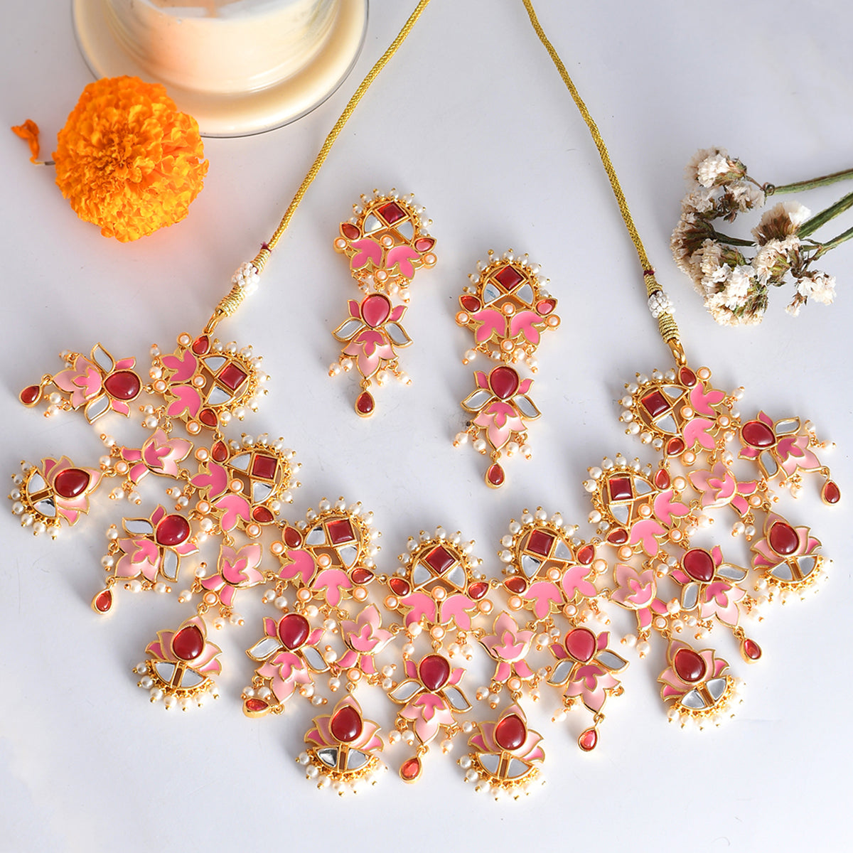 Women's Forever More Pink Bridal Lotus Necklace Set - Voylla