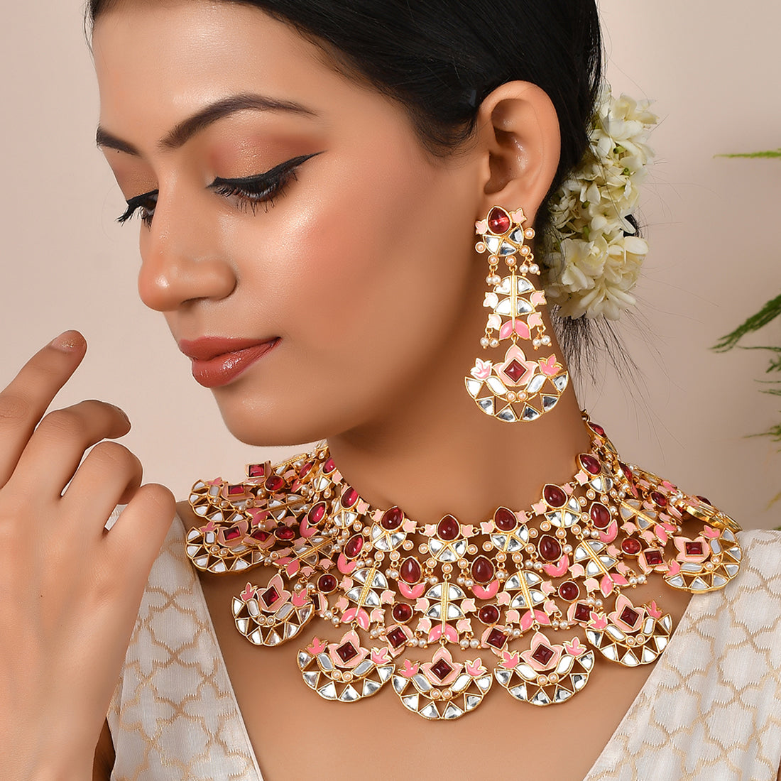 Women's Forever More Pink Stones And Pearls Enamelled Opulent Jewellery Set - Voylla