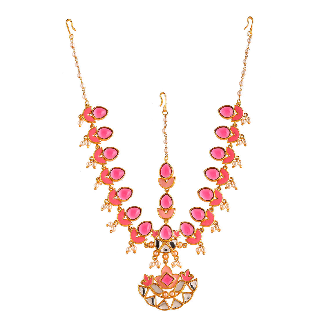 Women's Forever More Pink Stones And Pearls Enamelled Floral Maang Tika - Voylla