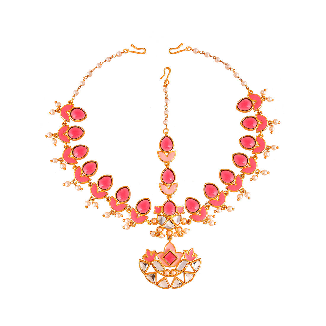 Women's Forever More Pink Stones And Pearls Enamelled Floral Maang Tika - Voylla