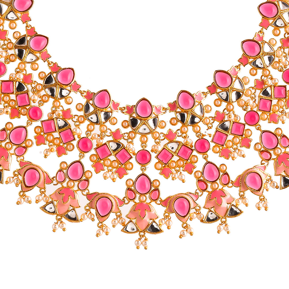 Women's Forever More Pink Stones And Pearls Enamelled Luxurious Jewellery Set - Voylla