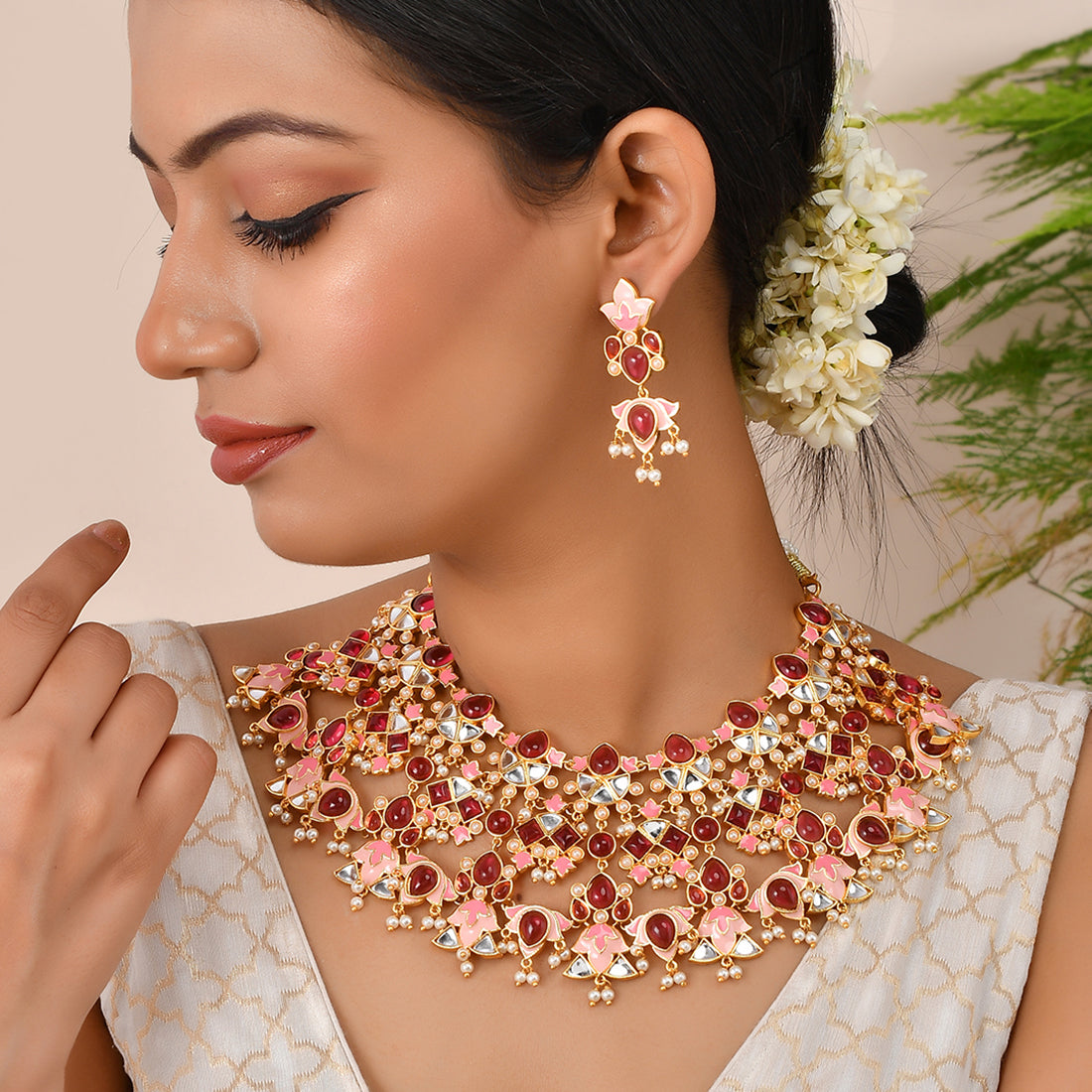 Women's Forever More Pink Stones And Pearls Enamelled Luxurious Jewellery Set - Voylla