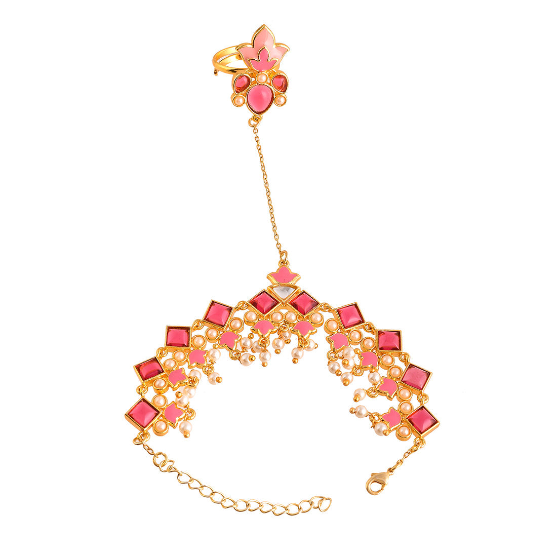 Women's Forever More Pink Stones And Pearls Enamelled Floral Hath Phool - Voylla