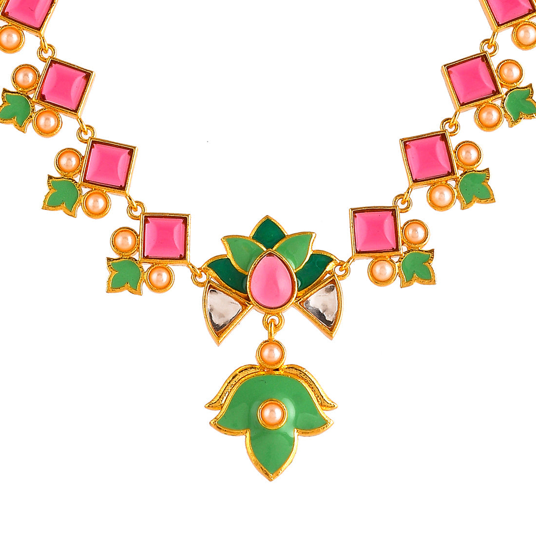 Women's Forever More Pink Stones And Pearls Green Enamel Jewellery Set - Voylla