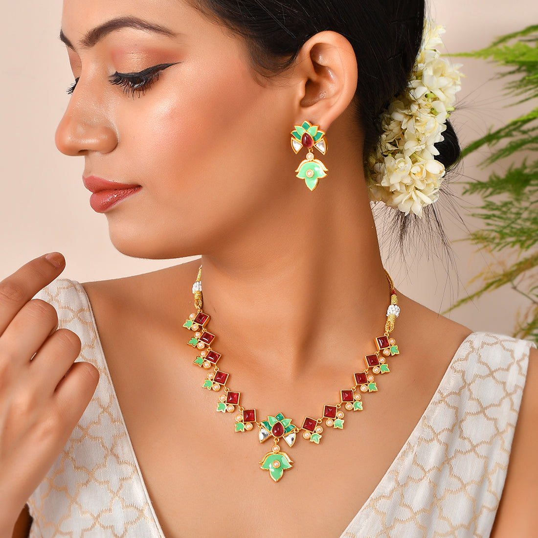 Women's Forever More Pink Stones And Pearls Green Enamel Jewellery Set - Voylla
