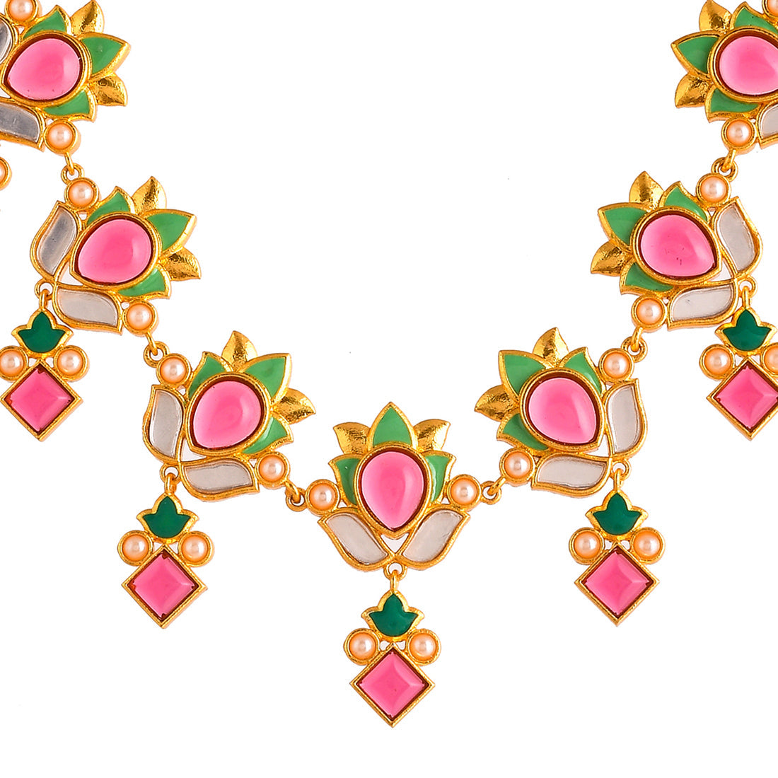 Women's Forever More Green Enamel Floral Pink Stones And Pearls Jewellery Set - Voylla