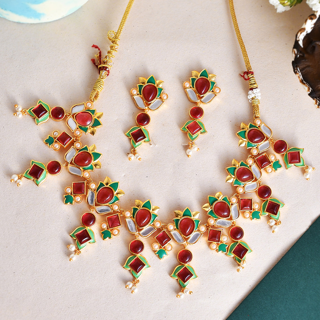 Women's Forever More Green Enamel Tulips Red Stones And Pearls Jewellery Set - Voylla