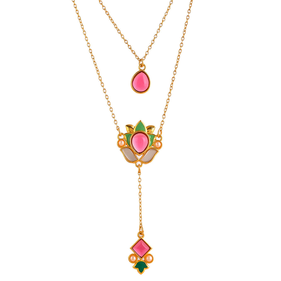 Women's Forever More Pink Stones Enamelled Layered Necklace Jewellery Set - Voylla