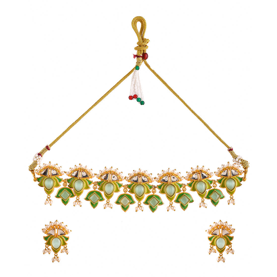 Women's Forever More Green Stones And Pearls Enamelled Jewellery Set - Voylla