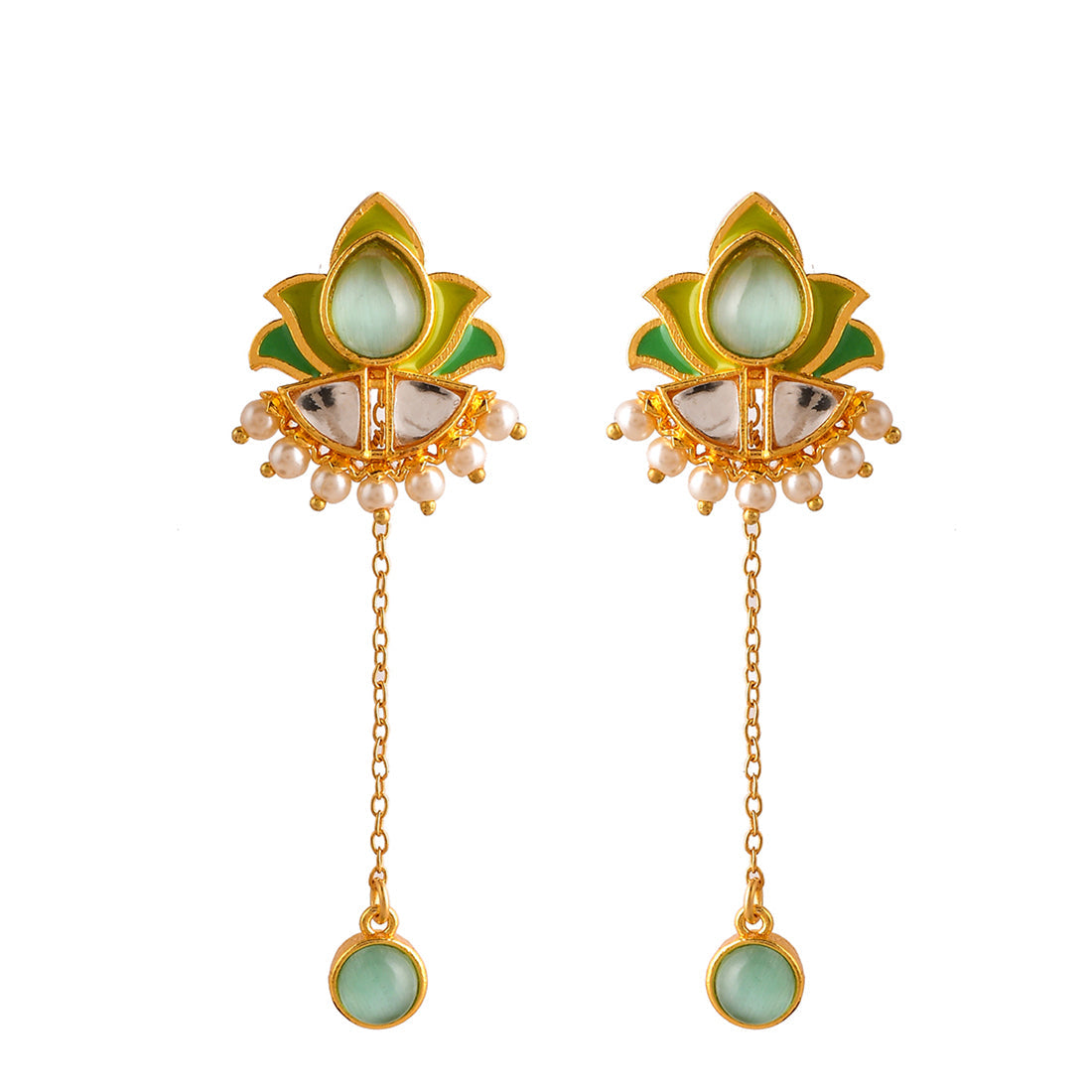 Women's Forever More Green Stones And Pearls Enamelled Drop Earrings - Voylla
