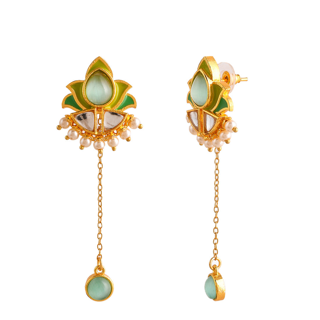 Women's Forever More Green Stones And Pearls Enamelled Drop Earrings - Voylla