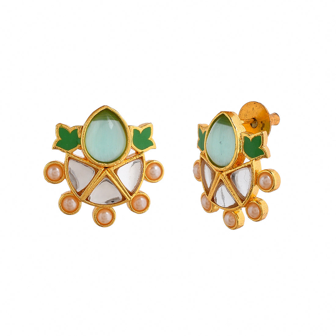 Women's Forever More Enamelled Green Stone And Pearls Earrings - Voylla