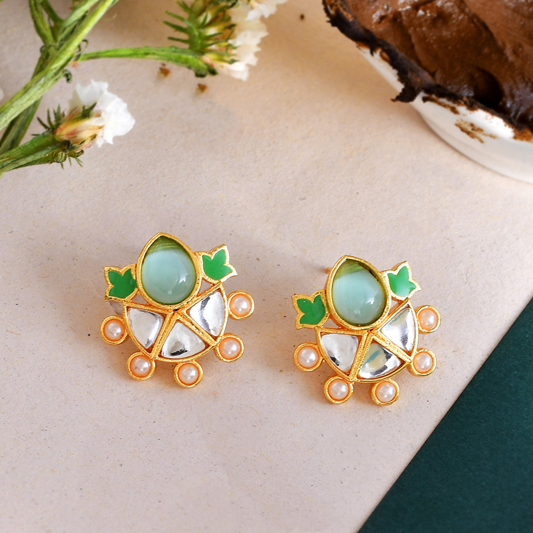 Women's Forever More Enamelled Green Stone And Pearls Earrings - Voylla