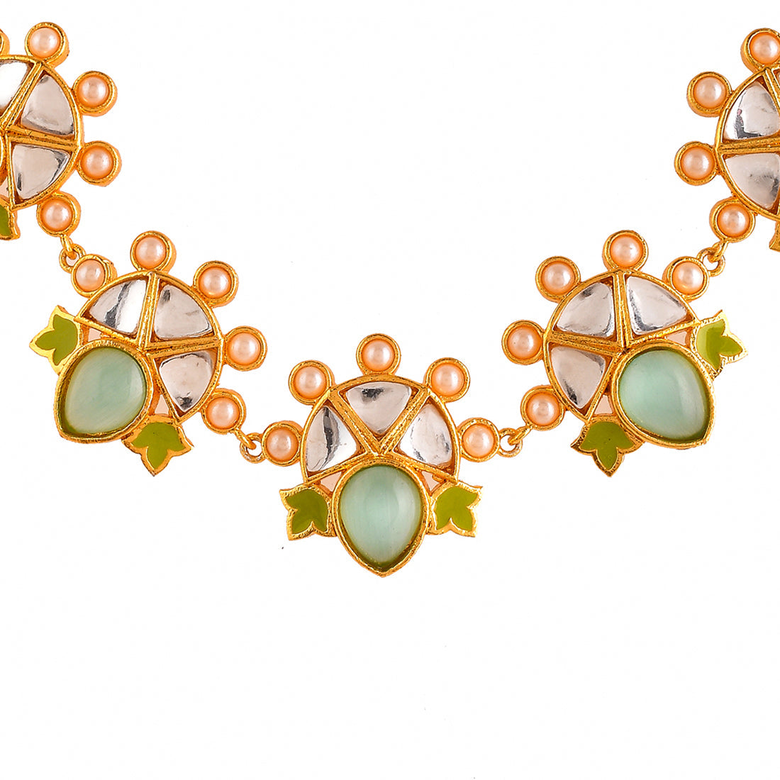 Women's Forever More Green Enamelled Floral Pearls And Green Stones Jewellery Set - Voylla