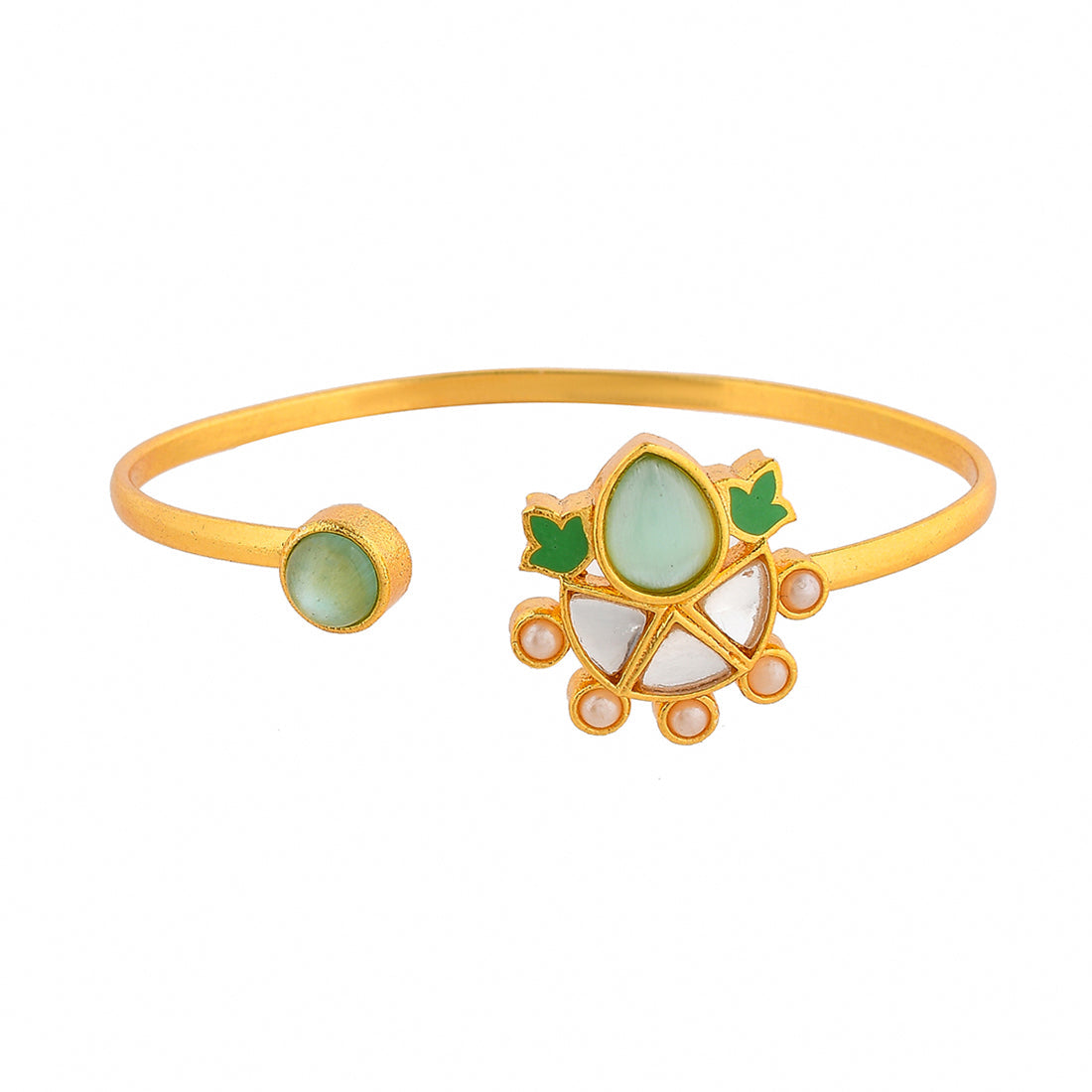 Women's Forever More Green Enamelled Floral Pearls And Green Stones Bracelet - Voylla
