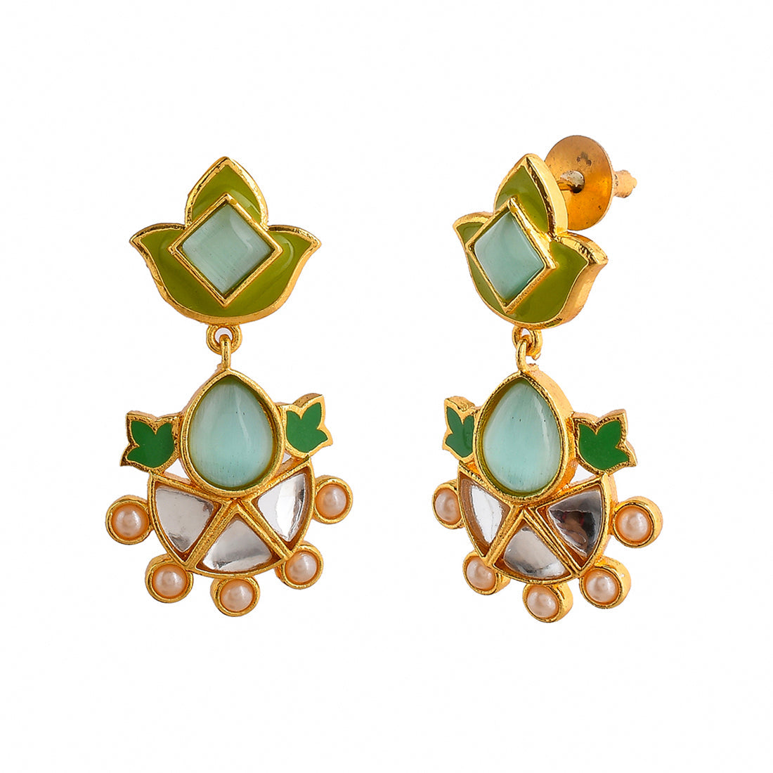 Women's Forever More Green Enamelled Floral Pearls And Green Stones Earrings - Voylla