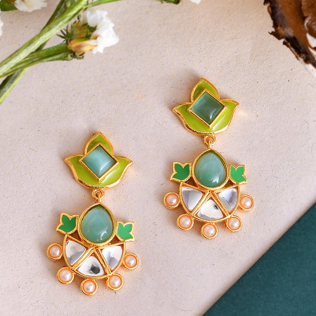 Women's Forever More Green Enamelled Floral Pearls And Green Stones Earrings - Voylla