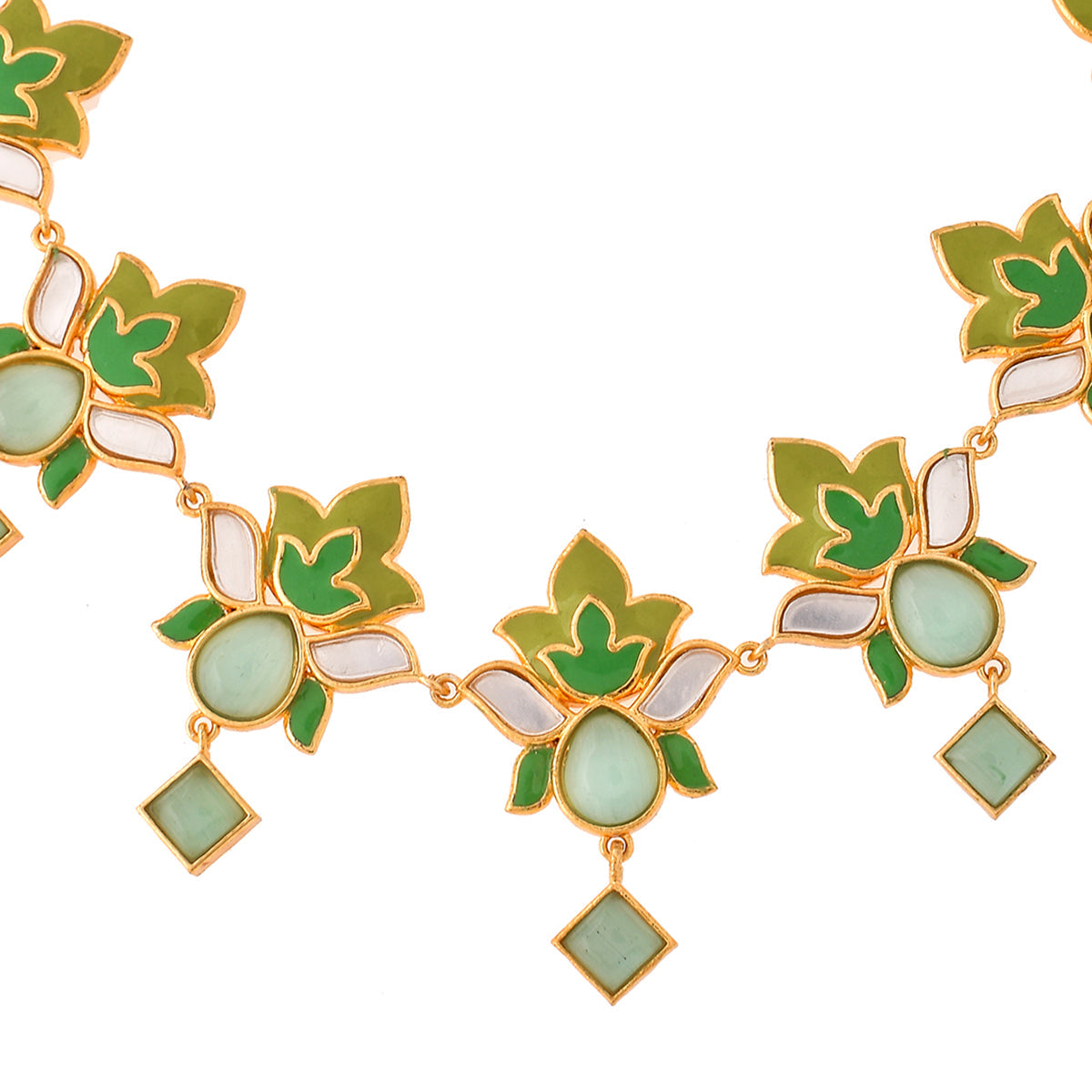 Women's Forever More Green Lotus Necklace Set - Voylla