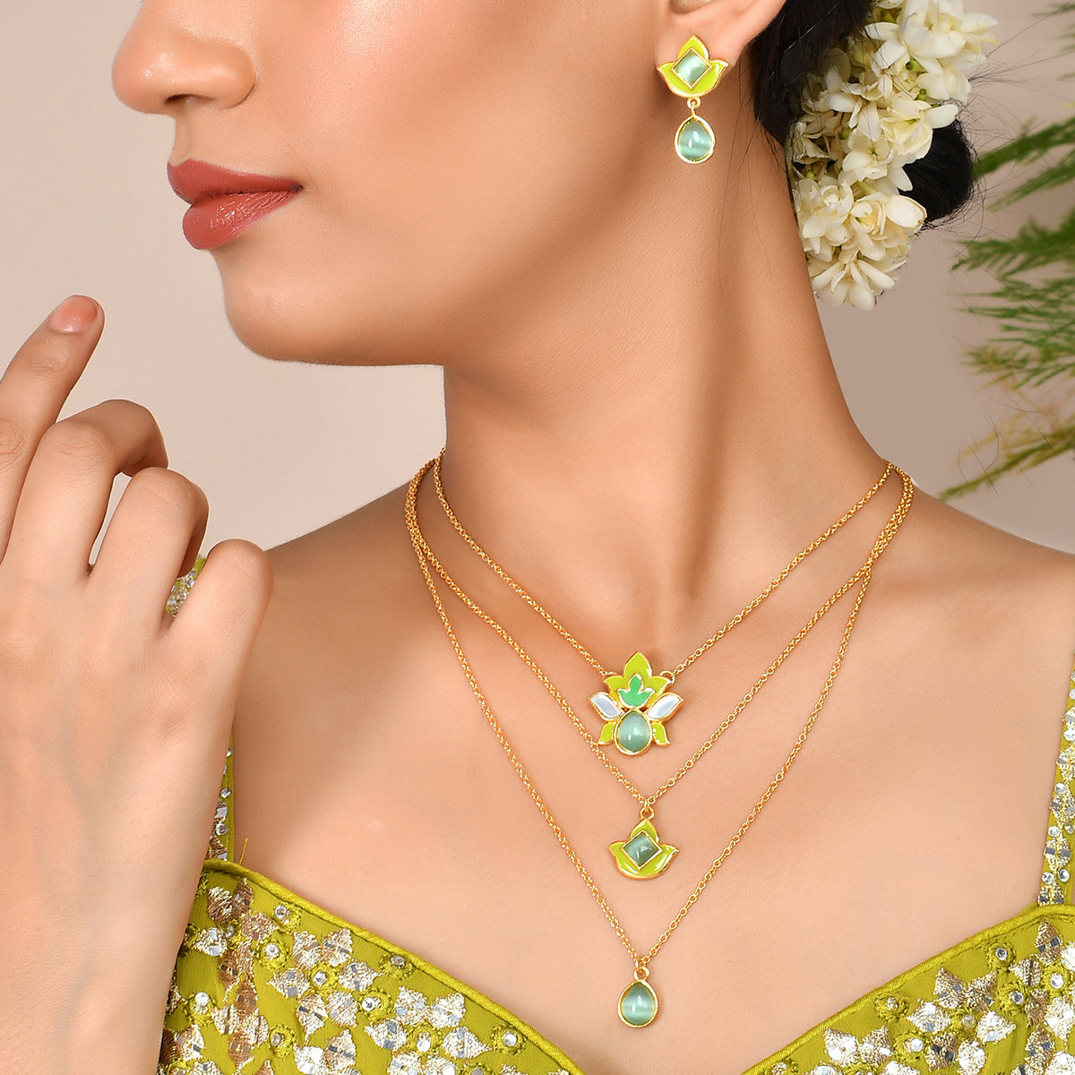 Women's Forever More Green Layered Necklace Set - Voylla