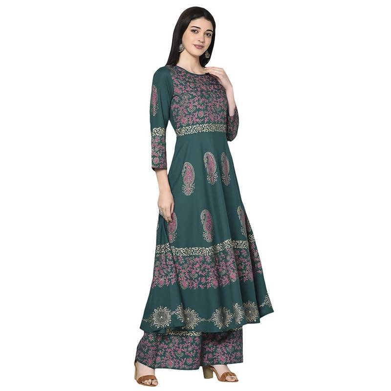 Women's Teal Blue Rayon Block print Anarkali Kurta