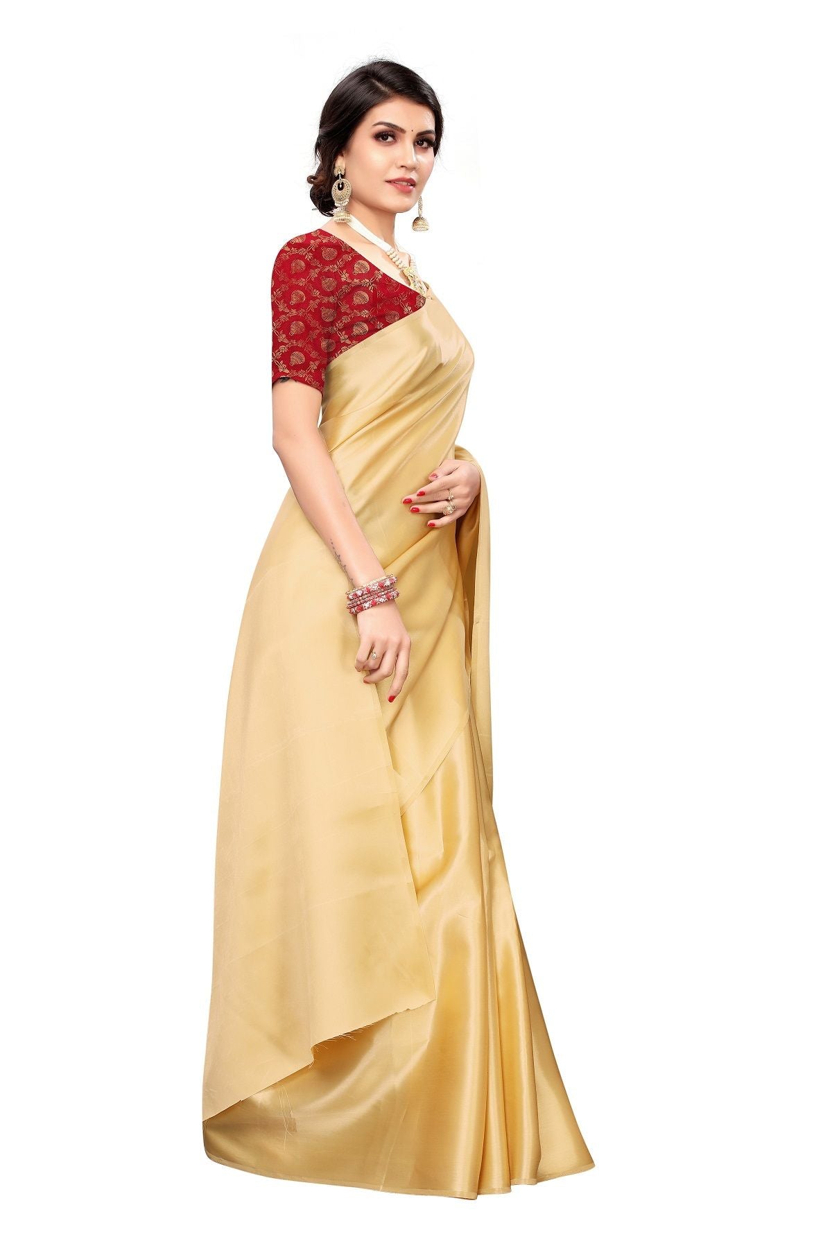 Women's Red  Golden Satin Designer Saree - Vamika