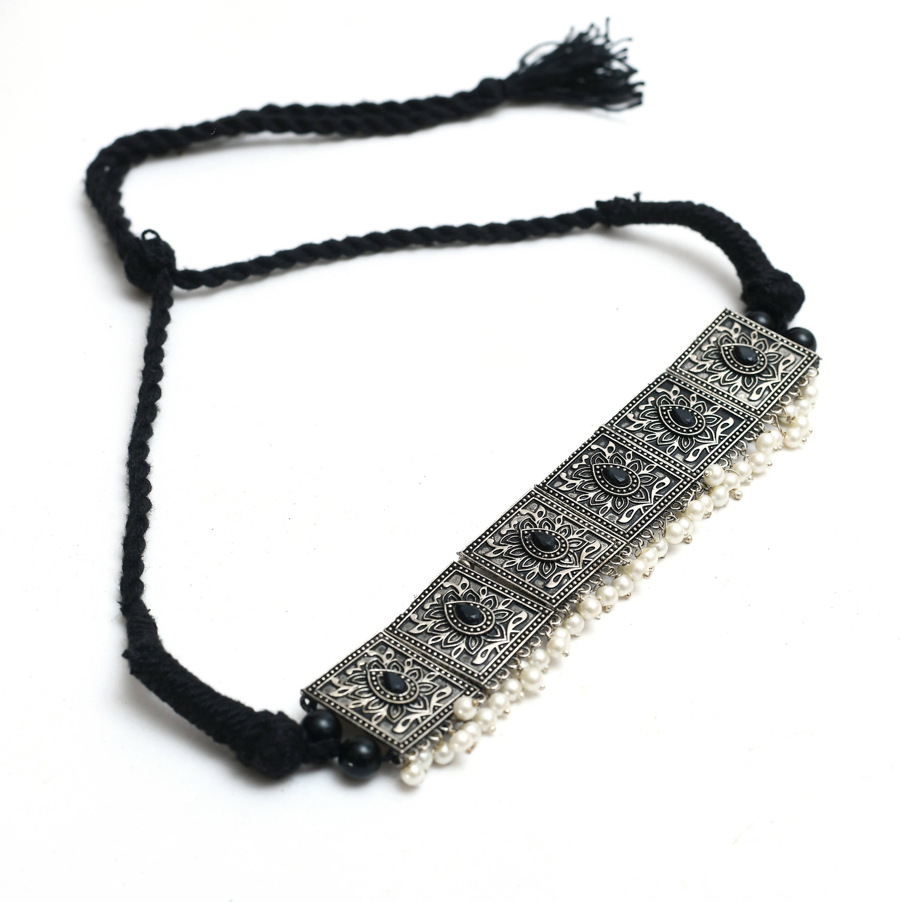 Kamal Johar Oxidised Silver-Plated Black Nacklace with Earrings Jkms_075