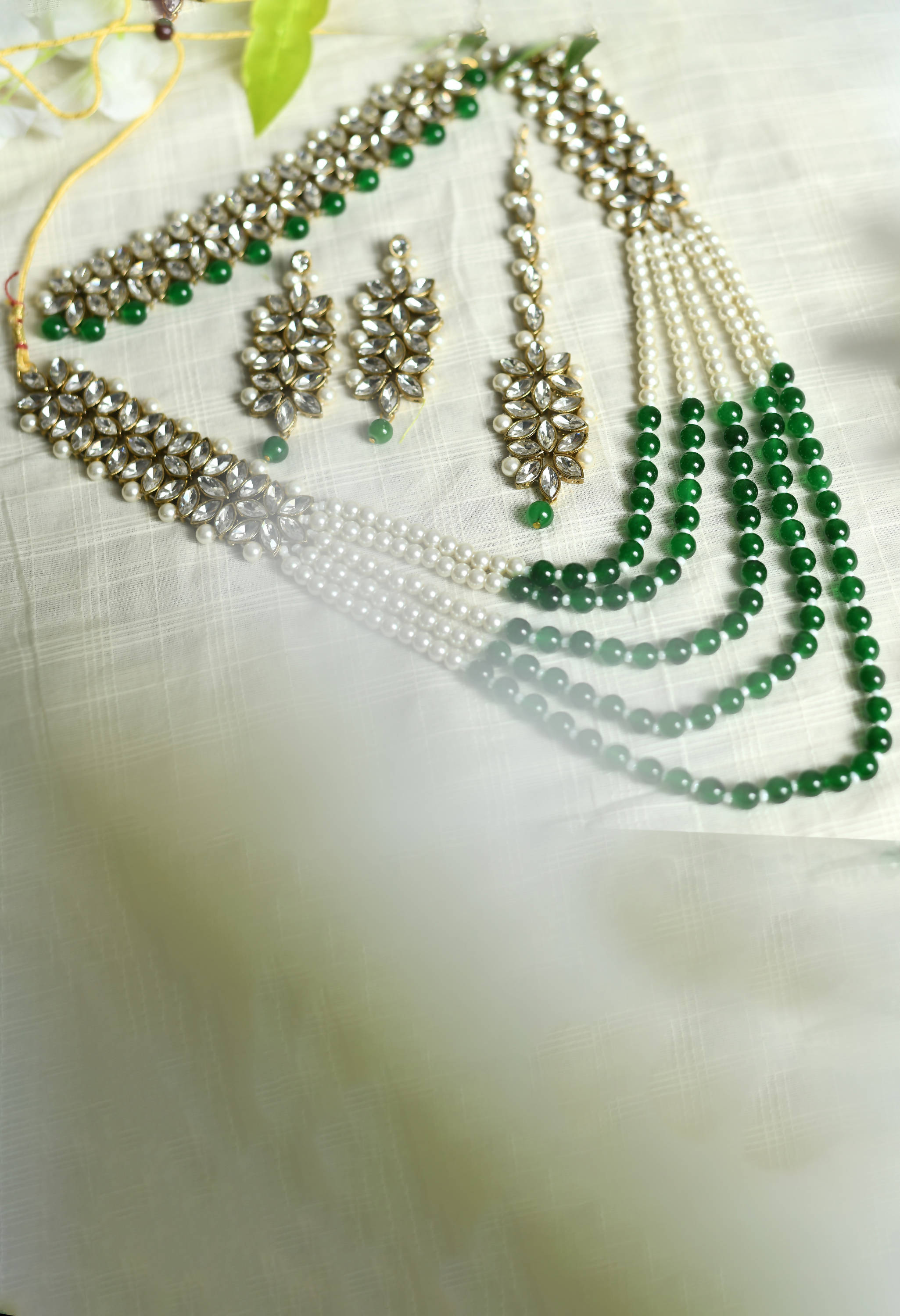 Johar Kamal Golden Plated with stone and green Pearls Necklace Combo Set Jkms_127