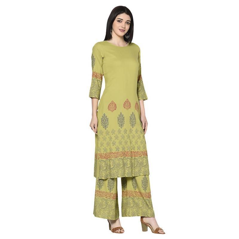 Women's Rayon Block print straight kurta Palazzo se
