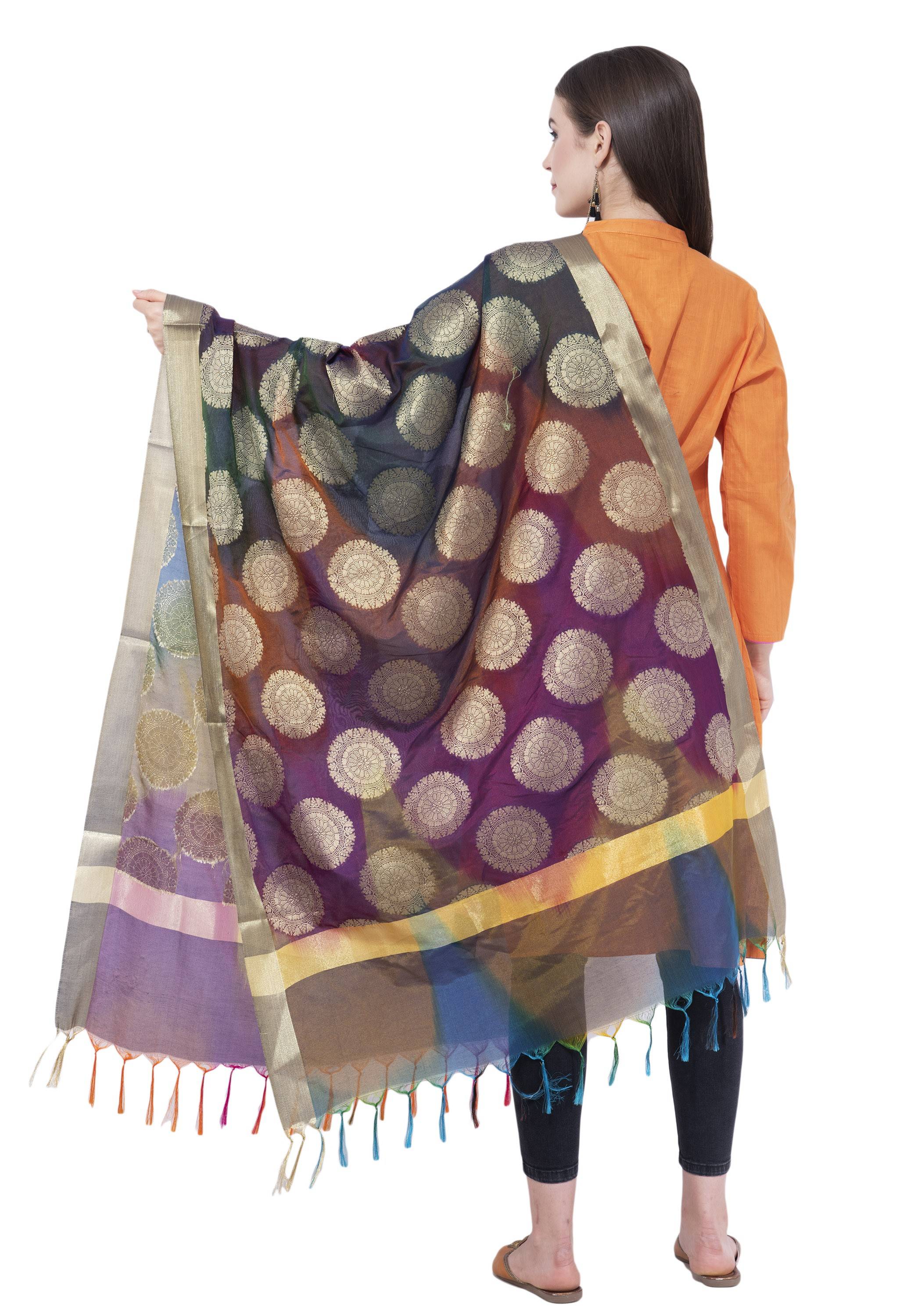 A R Silk Women's Zari Embroidery With Rainbow Colour Vanarsi Silk Rainbow Multi Dupattas and Chunnis