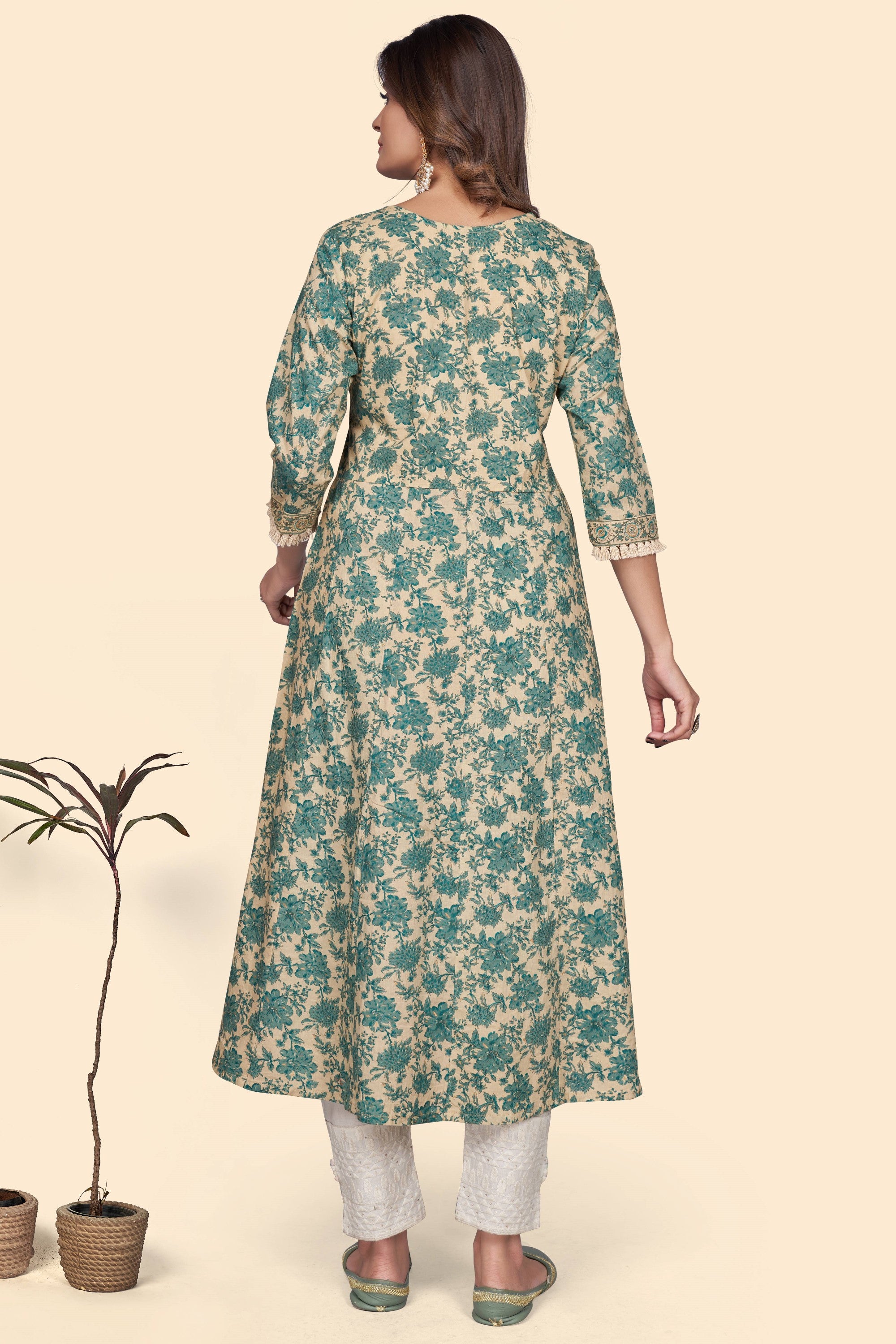 Women's Print & Embroidered A-Line Cotton Turquoise Stitched Kurta - Vbuyz