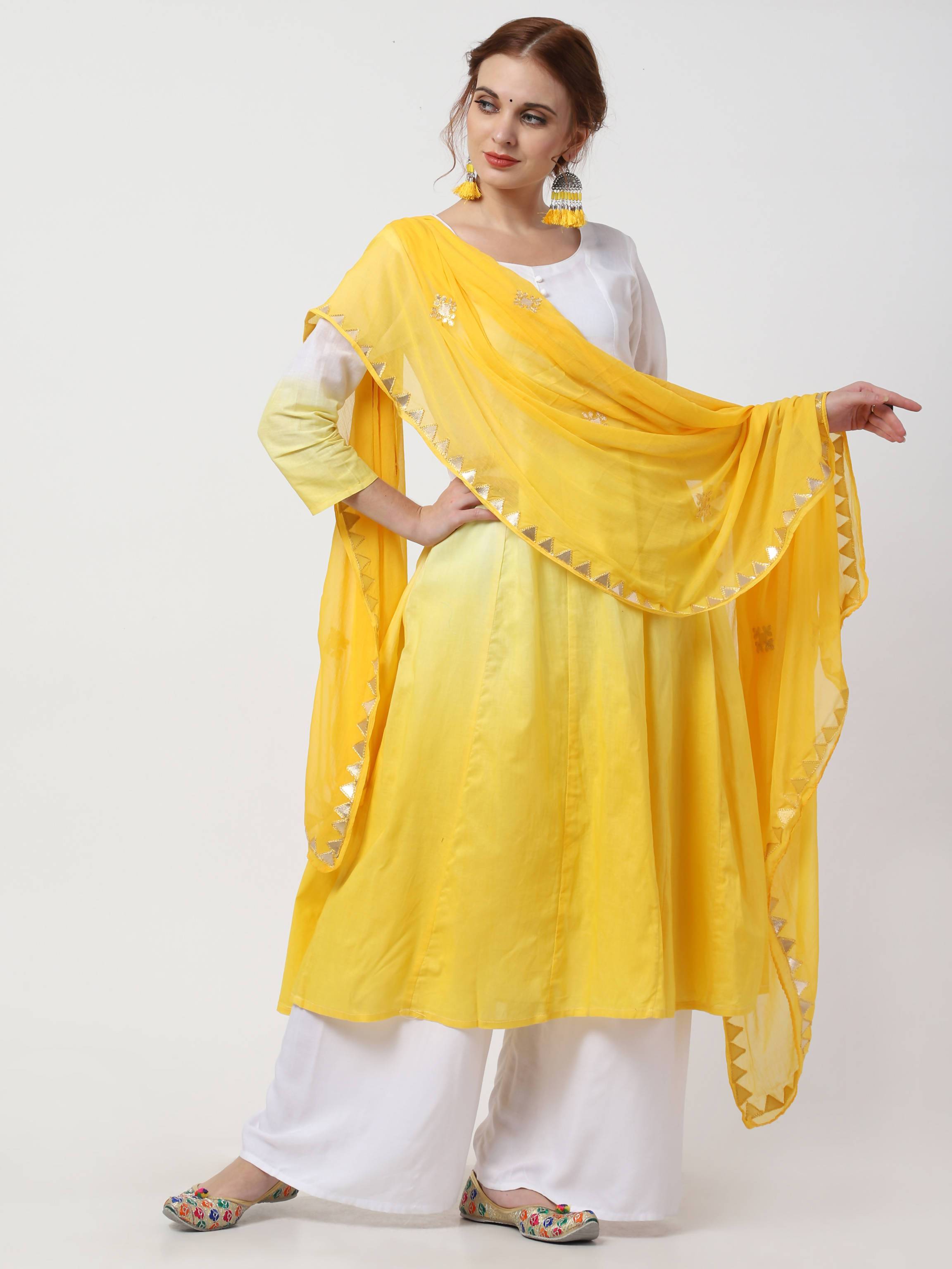 Women's Yellow & White Cotton Double Dyed Ombre Kurta, Palazzo & Dupatta Set  - Cheera