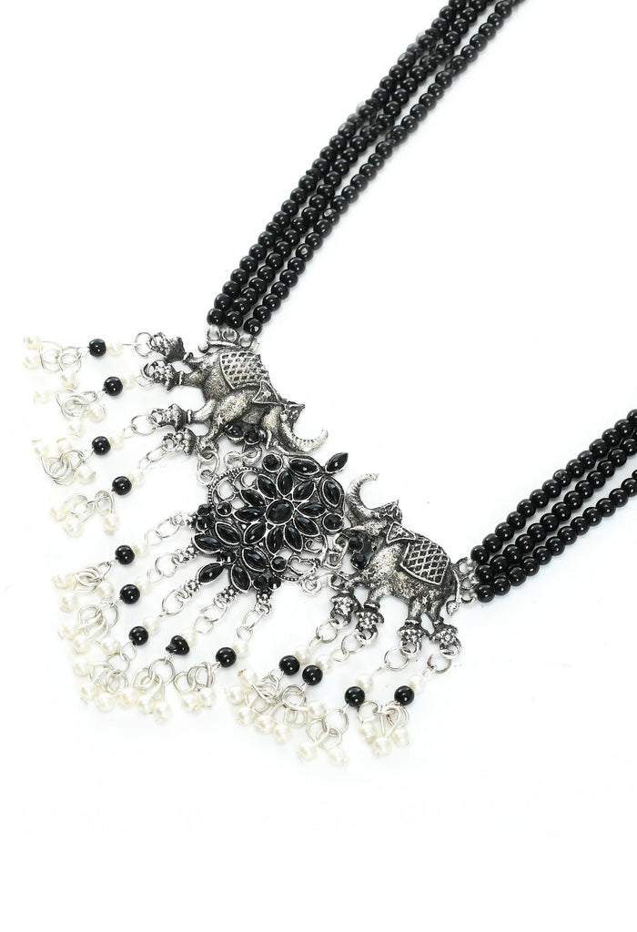 Trendia Silver-Plated Black Kundan Elephant design Necklac