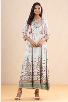 Women's White Rayon Printed Anarkali Dress with Tie-up Dori - Juniper