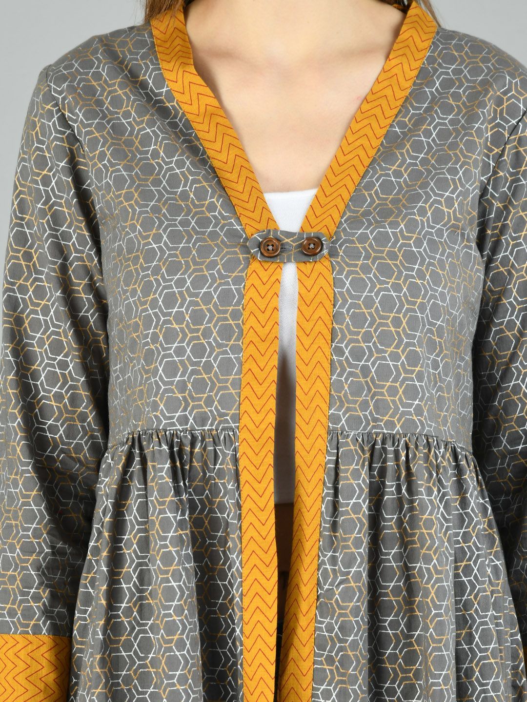 Women's Grey Cotton Printed Full Sleeve V Neck Casual Shrug - Myshka