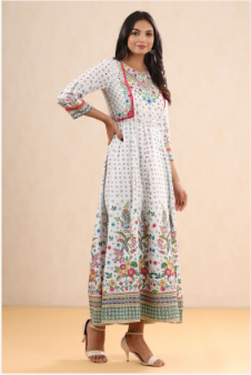 Women's White Rayon Printed Anarkali Dress with Tie-up Dori - Juniper