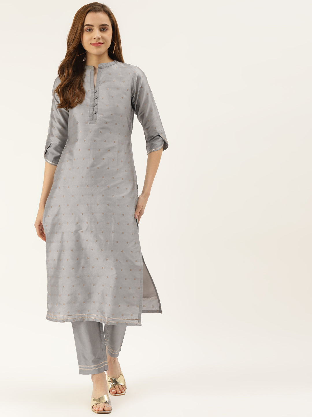 Women's Grey Color Silk Blend Straight Embellished Kurta Pant Set - VAABA
