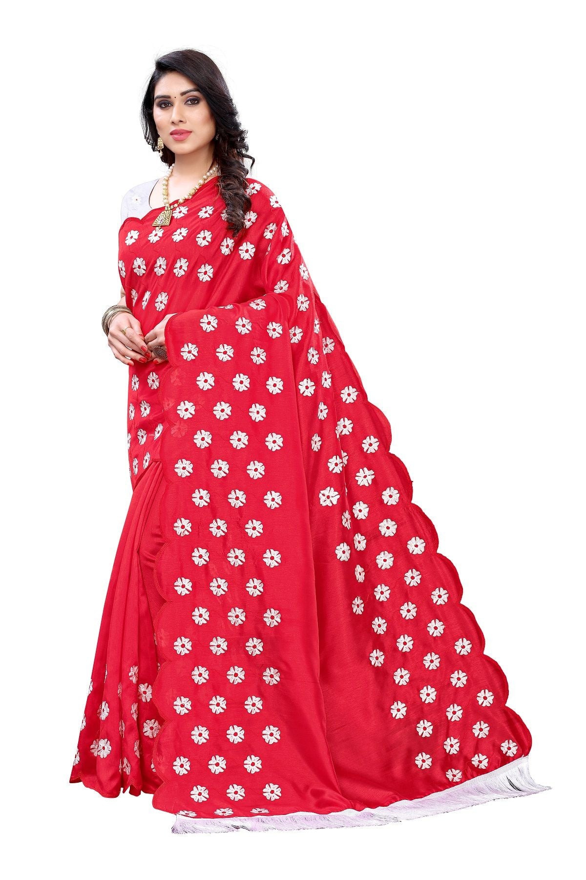 Women's Vamika Zoya Silk Embroidered Red Saree-Rakhi Red - Vamika