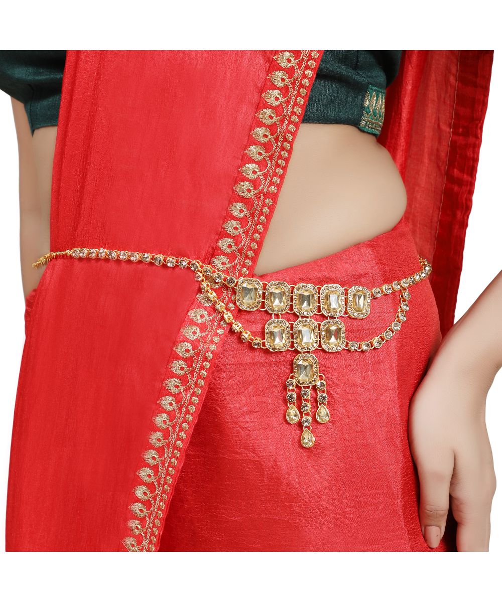 Women's Statement Gold Plated Square Shaped Stone Studded Ethnic Waist Band. - MODE MANIA