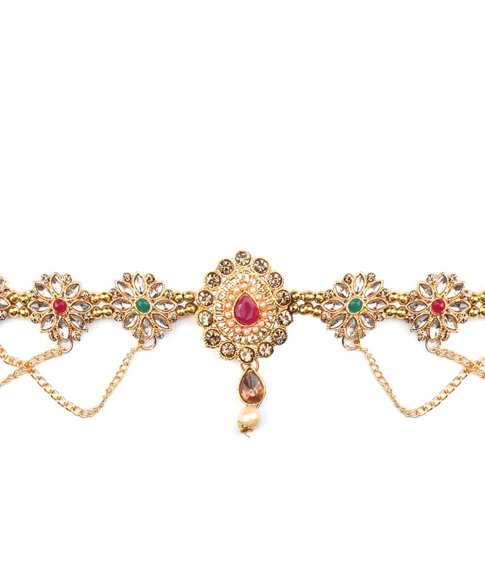 Women's Traditional Gold Plated Multicolor Kundan and Stone Studded with Layered of Chains - MODE MANIA