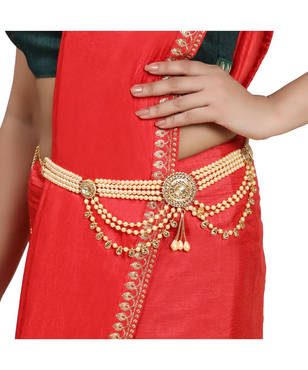 Women's Traditional Gold plated Stone Studded with Layers of Pearl hanging Statement Waist Band - MODE MANIA