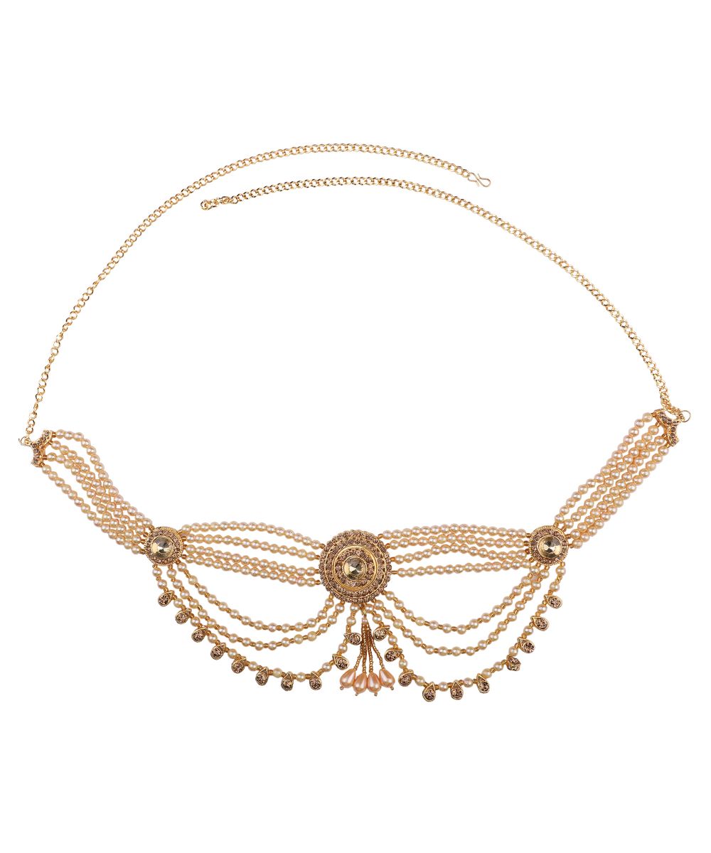 Women's Traditional Gold plated Stone Studded with Layers of Pearl hanging Statement Waist Band - MODE MANIA