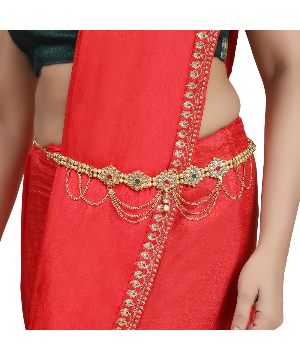 Women's Traditional Gold Plated Floral Shaped Stone Studded Layers of hanging Chain Waist Band - MODE MANIA