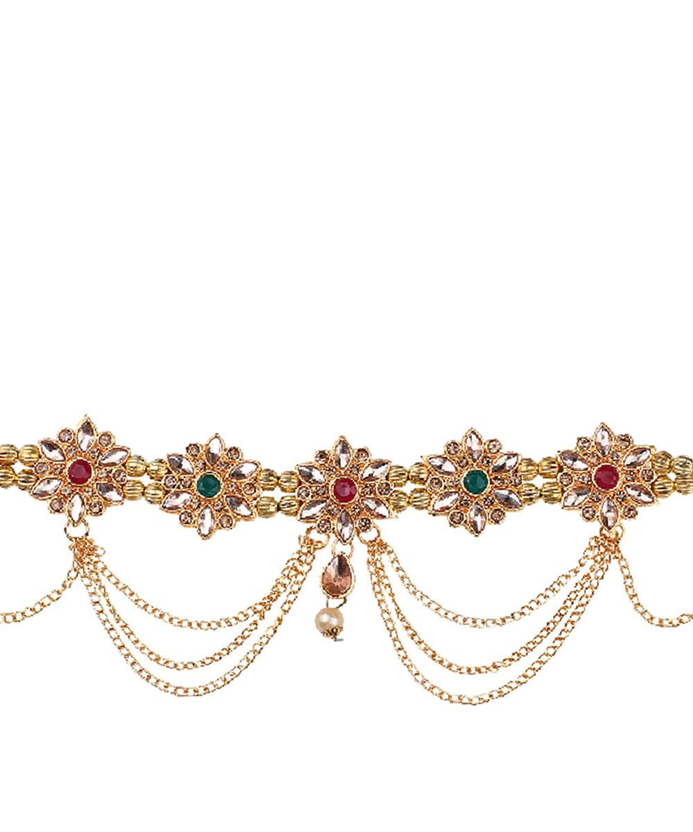 Women's Traditional Gold Plated Floral Shaped Stone Studded Layers of hanging Chain Waist Band - MODE MANIA