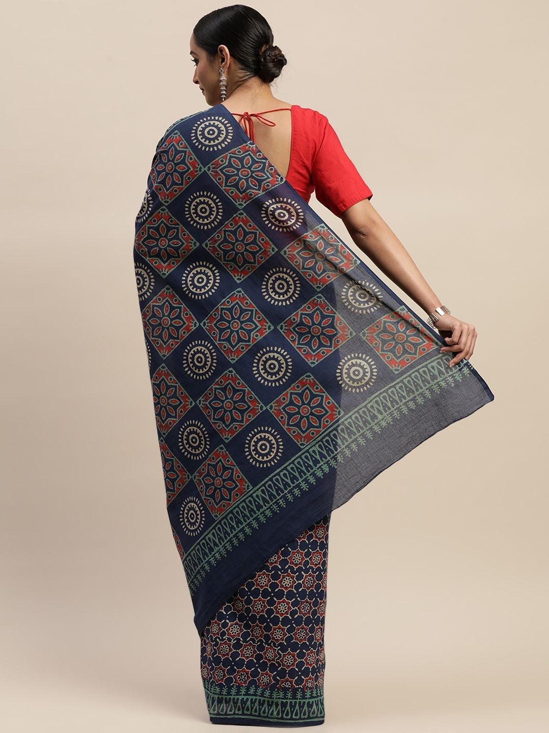 Women's Handloom Cotton Mulmul Saree With Handblock Naptol Print - Olive Mist
