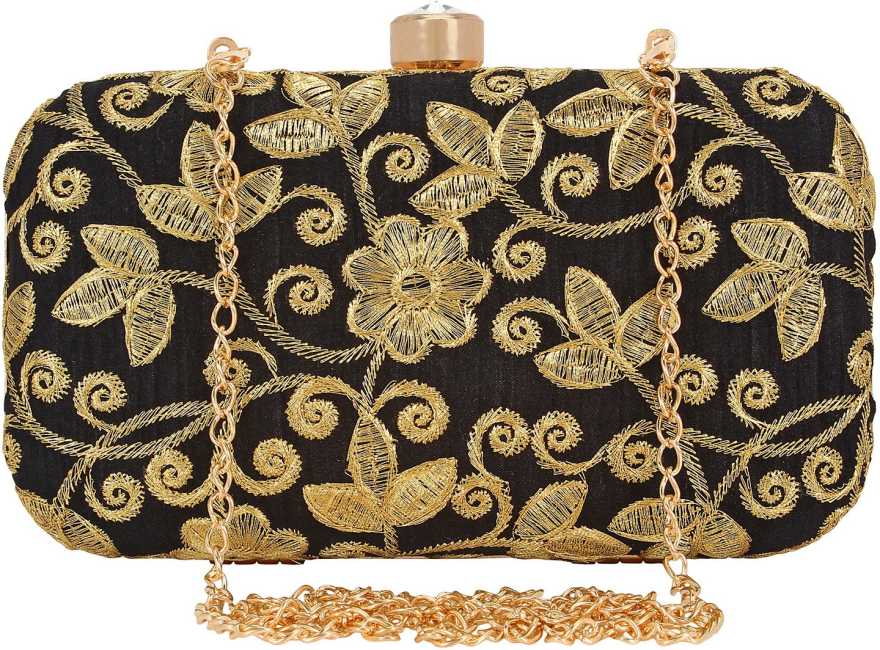 Women's Black Color tulle Embroidered Faux Silk Clutch - VASTANS