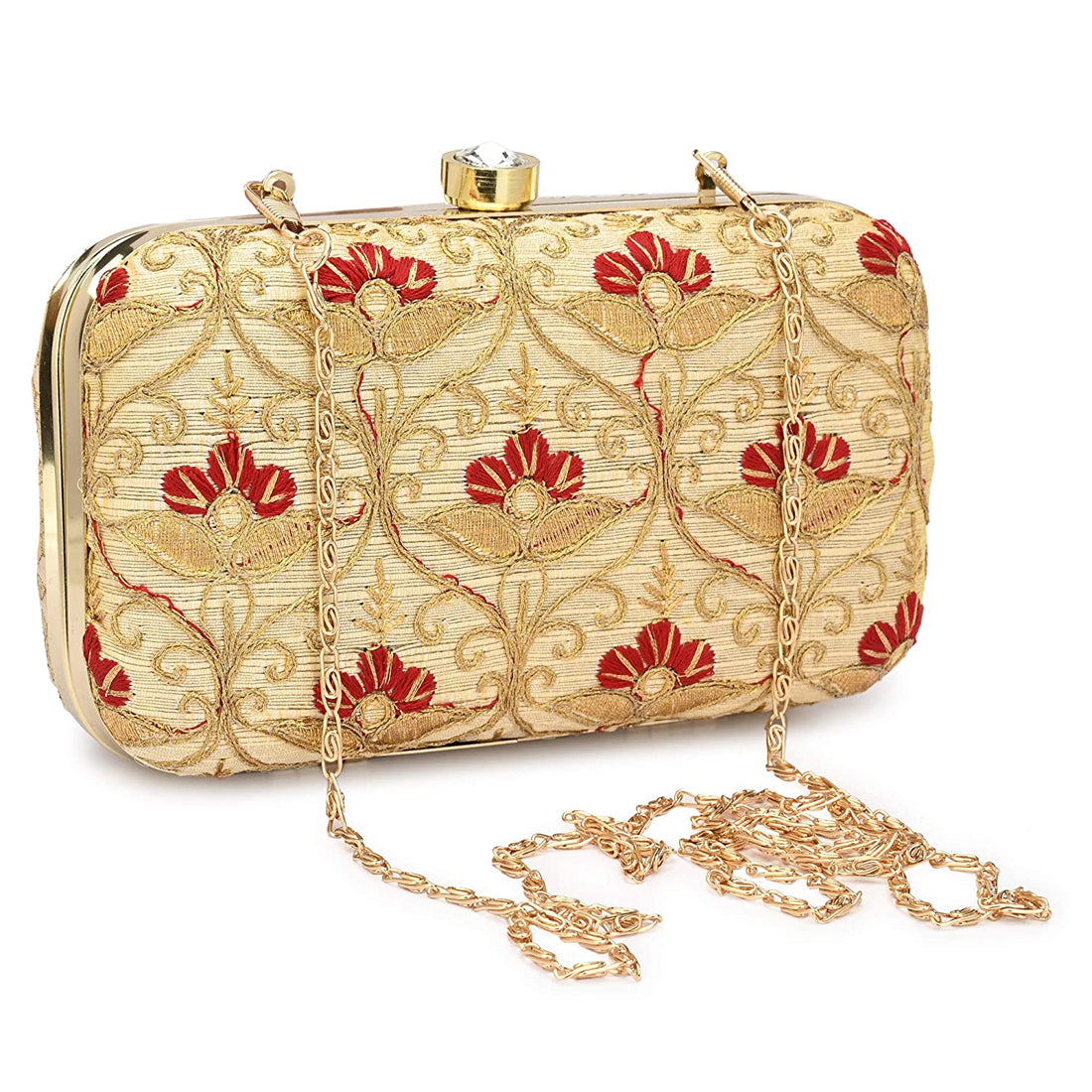 Women's Gold Color tulle Embroidered Faux Silk Clutch - VASTANS