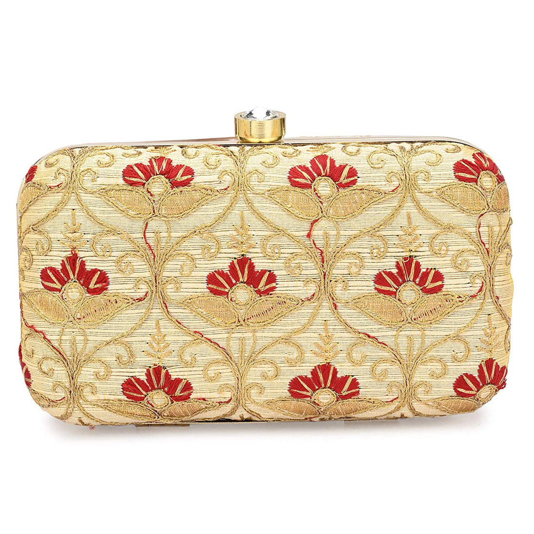 Women's Gold Color tulle Embroidered Faux Silk Clutch - VASTANS