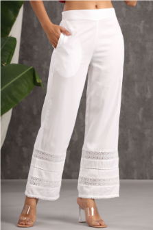 Women's White Rayon Solid Flared Palazzo with Lacework - Juniper