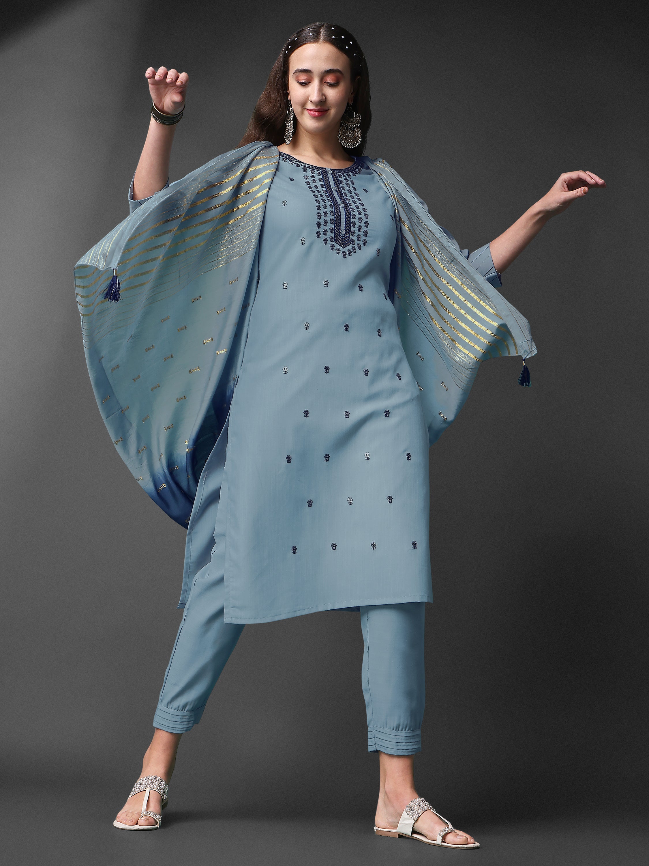 Women's Grey Embroidery Cotton Kurta Set Collection - Dwija Fashion
